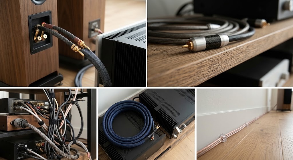Speaker cables, interconnects and cable management behind a hi-fi system