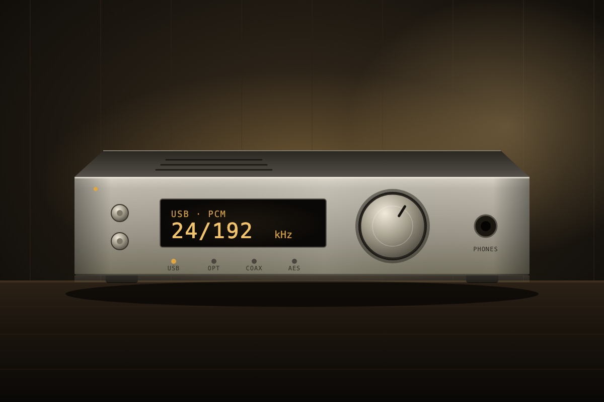 A desktop DAC with a large volume dial, a display showing 24/192 kHz and input indicators